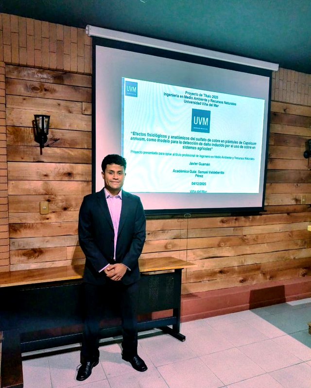 Javier Guamán Verdejo presentando su proyecto de título sobre fitotoxicidad de cobre en Capsicum annuum, Universidad Viña del Mar